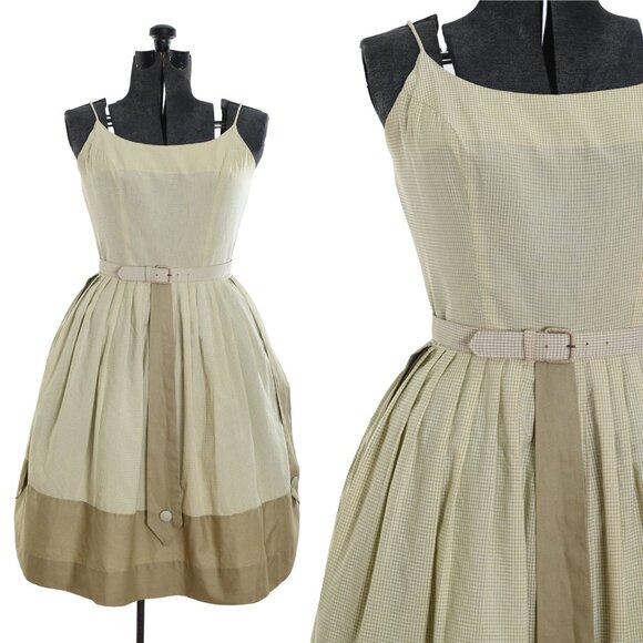 Vintage Late 50s Early 60s Small Green Gingham Sleeveless Sundress - Picture 1 of 10